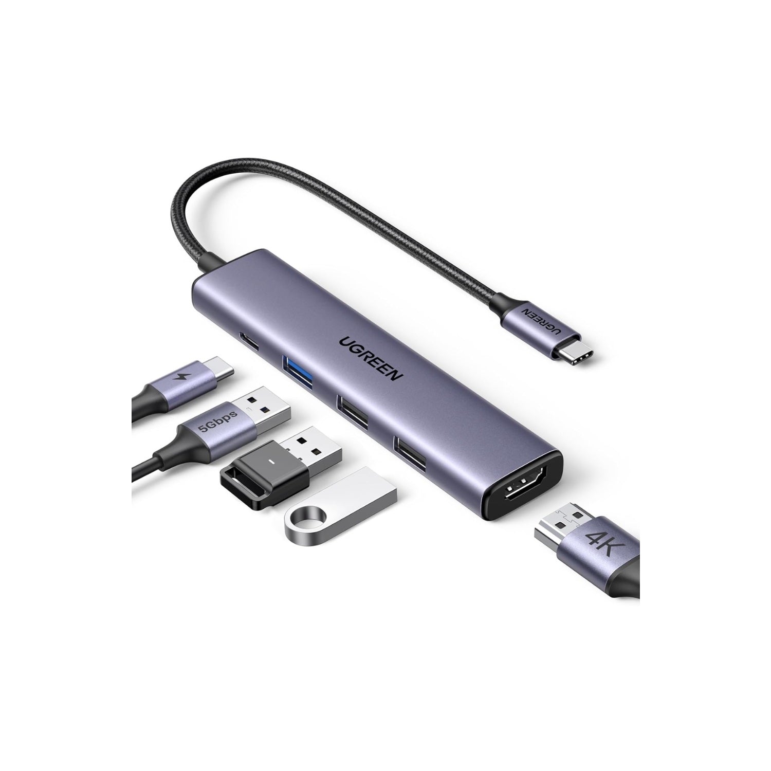 UGREEN USB-C Adapter/Hub (PD100W, 4K HDMI, 3xUSB-A Datenports, USB-C Dock) USB-C Hub mit Alugehäuse, geflochtenem Kabel