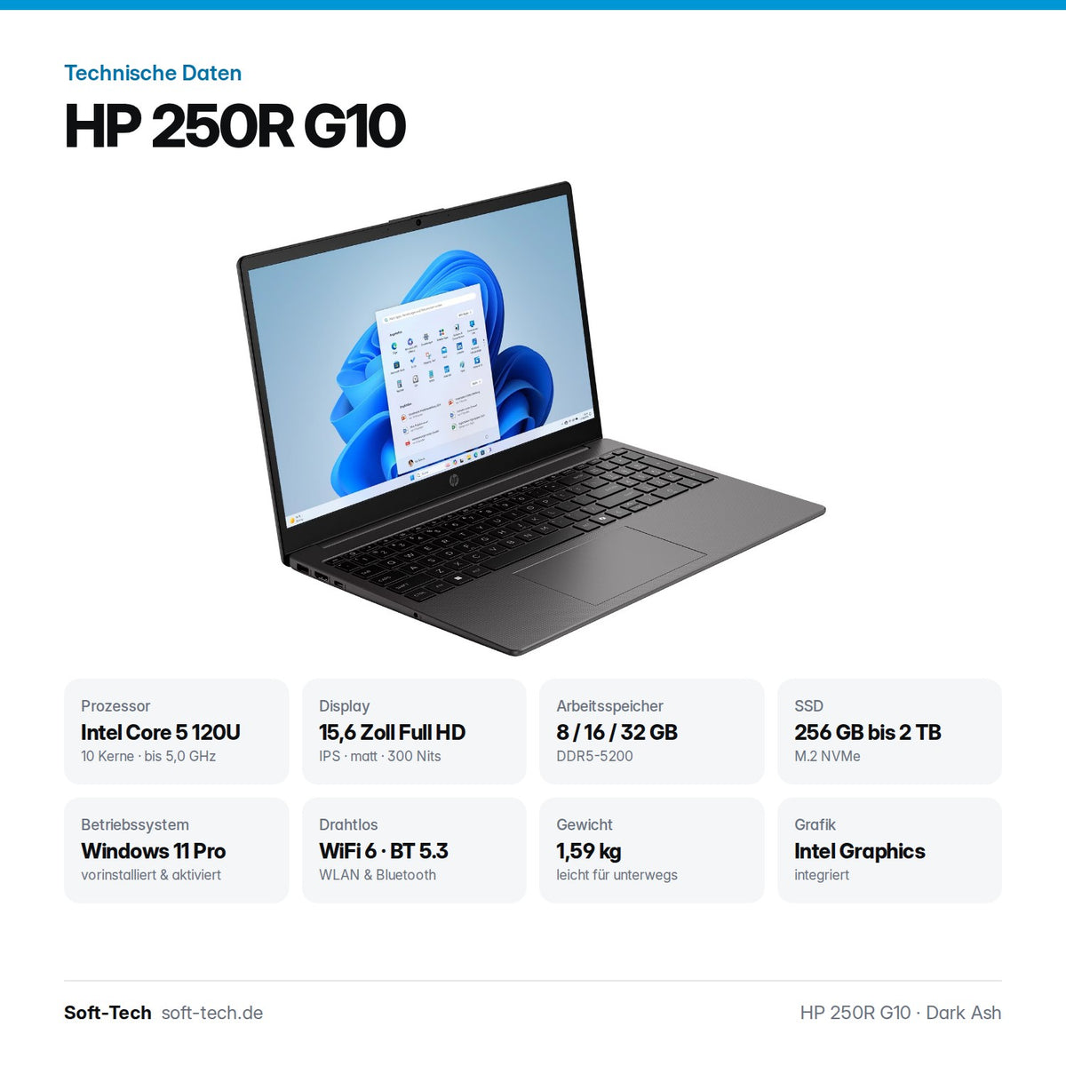 HP 250R G10 - 15.6" FHD - Schwarz - Intel Core 5 120U - DDR5 - Windows 11 Pro